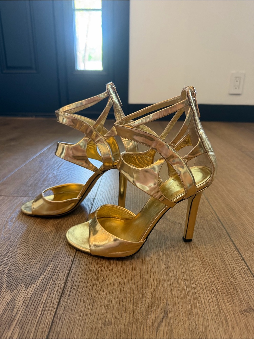 Tamara Mellon Metallic Gold Strappy Cage High Heel Sandals